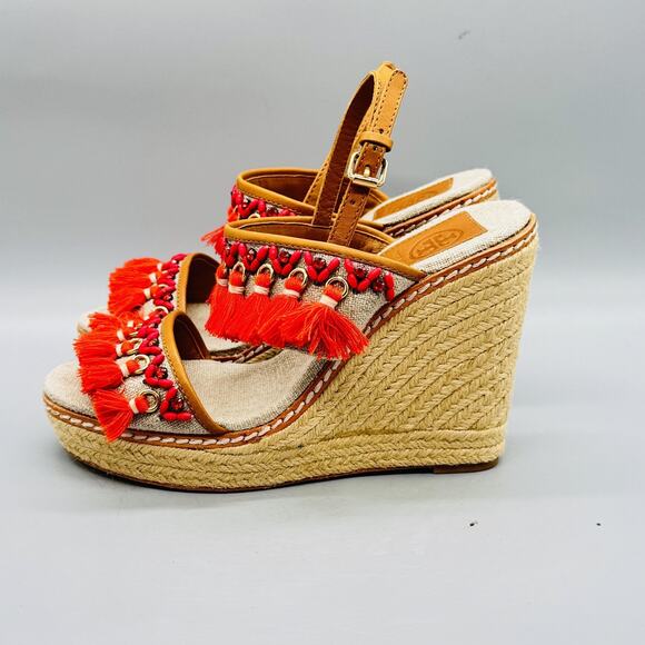 Tory Burch Sandals Womens 7.5 Beige Linen Espadrille Platform Wedge Tassel Shoes - Picture 4 of 11